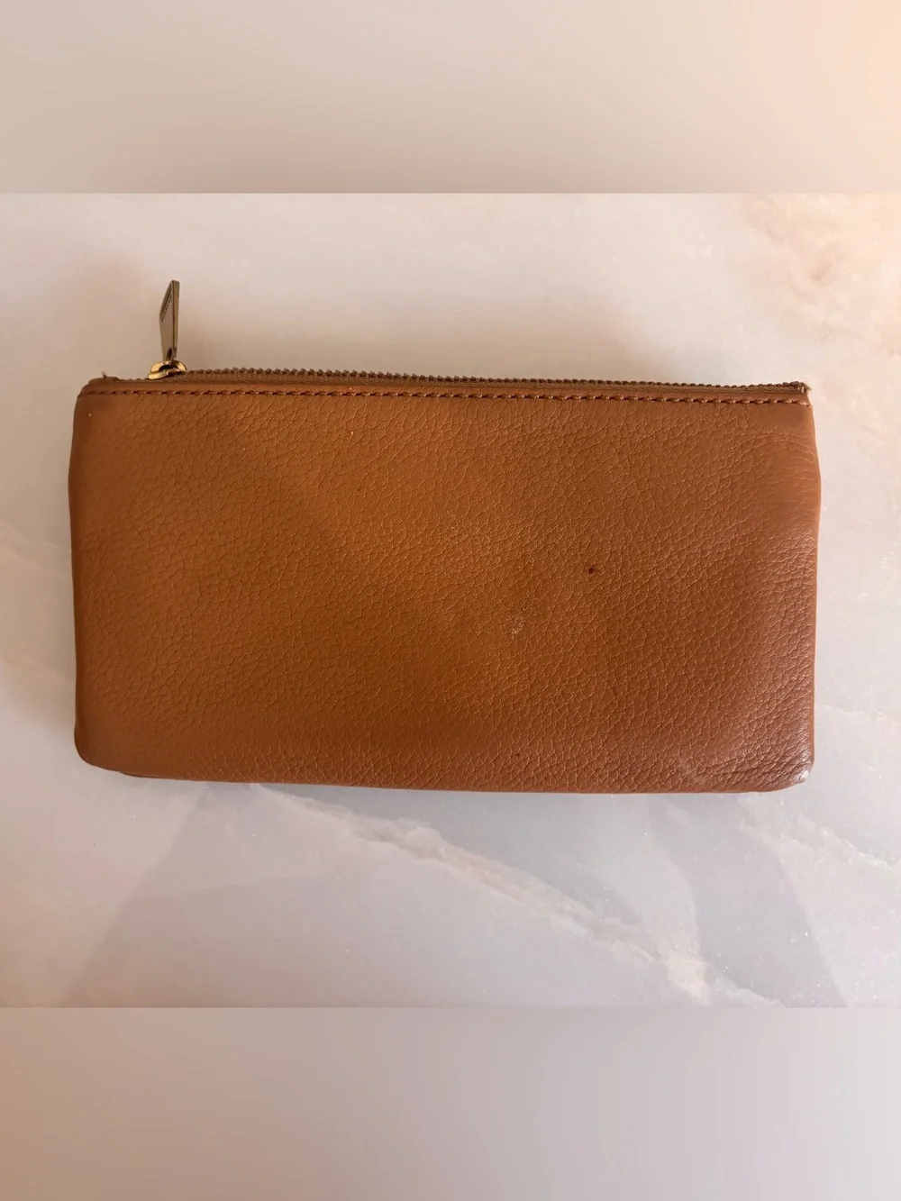 Fossil Tan Leather Zip Card Wallet with Gold Hardware